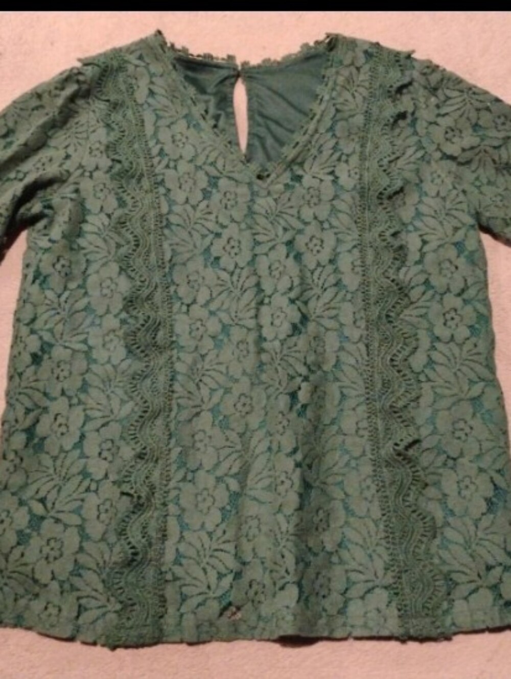Sage Green Floral Lace V-Neck Blouse - L